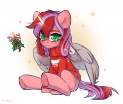 Size: 2358x2000 | Tagged: safe, artist:shelti, derpibooru import, oc, oc only, alicorn, pony, :3, abstract background, blushing, bow, clothes, colored pupils, commission, female, glowing, glowing horn, holly, holly mistaken for mistletoe, horn, looking at you, magic, magic aura, mare, partially open wings, sitting, solo, sweater, wings