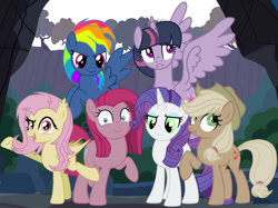 Size: 1033x774 | Tagged: safe, artist:starlingsentry27, derpibooru import, evil pie hater dash, fluttershy, mean twilight sparkle, pinkie pie, rainbow dash, rarity, alicorn, bat pony, earth pony, pegasus, pony, unicorn, inspiration manifestation, secrets and pies, bat ponified, discorded, discorded applejack, female, flutterbat, green eyes, mare, pinkamena diane pie, possessed, race swap