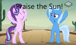 Size: 672x398 | Tagged: safe, derpibooru import, screencap, princess celestia, starlight glimmer, trixie, pony, unicorn, caption, image macro, implied princess celestia, praise the sun, text