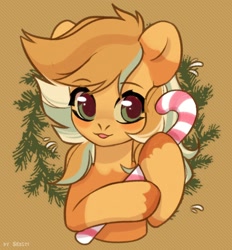 Size: 1856x2000 | Tagged: safe, artist:shelti, derpibooru import, oc, oc only, earth pony, pony, candy, candy cane, colored pupils, female, food, hoof hold, mare, request, simple background, solo, unshorn fetlocks, wreath, yellow background