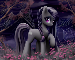 Size: 2560x2048 | Tagged: safe, derpibooru import, editor:felisamafeles, generator:stable diffusion, machine learning assisted, machine learning generated, oc, oc only, earth pony, pony, black mane, female, flower, flower field, goth, night, solo, solo female, spider web