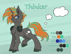 Size: 6000x4500 | Tagged: safe, artist:shad0w-galaxy, derpibooru import, oc, oc only, oc:thinker, pony, unicorn, absurd resolution, chest fluff, color palette, commission, cutie mark, ear fluff, ears, headphones, hooves, looking at you, male, reference sheet, simple background, smiling, stallion, unshorn fetlocks, watermark