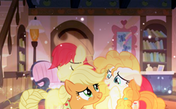 Size: 2628x1626 | Tagged: safe, artist:brooklynsentryyt, derpibooru import, applejack, bright mac, pear butter, pony, apple family, house, hug