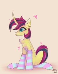 Size: 1074x1368 | Tagged: safe, artist:petaltwinkle, derpibooru import, oc, oc only, pony, unicorn, chest fluff, clothes, ear fluff, ears, socks, solo, stockings, striped socks, thigh highs, tongue, tongue out