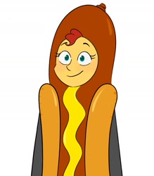 Size: 1575x1802 | Tagged: safe, artist:sunsetslight, derpibooru import, sunset shimmer, human, equestria girls, clothes, costume, eyebrows, female, food, food costume, hot dog, hot dog costume, meat, sausage, sausage costume, simple background, smiling, solo, white background