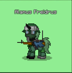 Size: 832x847 | Tagged: safe, derpibooru import, oc, oc only, oc:alamus freidrus, changeling, pony, assault rifle, changeling oc, clothes, crystal curtain:world aflame, gas mask, gun, helmet, insidiic changeling, m16, mask, military uniform, rifle, uniform, weapon