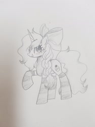 Size: 1536x2048 | Tagged: safe, artist:petaltwinkle, derpibooru import, oc, oc only, oc:cupcake swirl, pony, unicorn, bow, braid, clothes, hair bow, socks, solo, striped socks, traditional art