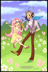 Size: 2000x3000 | Tagged: safe, artist:misskali7, artist:missratkali, derpibooru import, discord, fluttershy, butterfly, human, clothes, discoshy, dress, duo, female, floating, flower, gloves, high res, horn, horned humanization, humanized, male, outdoors, sandals, shipping, shoes, smiling, straight, vest, winged humanization, wings