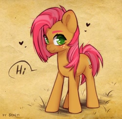 Size: 1470x1432 | Tagged: safe, artist:shelti, derpibooru import, babs seed, earth pony, pony, colored pupils, dirt, female, freckles, grass, heart, hi, looking at you, mare, older, outdoors, solo, speech bubble