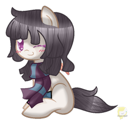 Size: 625x589 | Tagged: safe, artist:angellightyt, derpibooru import, oc, oc only, earth pony, pony, base used, blushing, clothes, earth pony oc, eyelashes, female, mare, one eye closed, scarf, simple background, sitting, solo, transparent background, wink