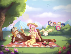 Size: 4000x3000 | Tagged: safe, artist:misskali7, artist:missratkali, derpibooru import, applejack, discord, fluttershy, pinkie pie, rainbow dash, rarity, twilight sparkle, human, 2020, barefoot, clothes, discoshy, dress, elf ears, feet, female, food, fruit, gloves, hat, hiding in bushes, horn, horned humanization, humanized, male, mane six, mountain, outdoors, picnic blanket, sandwich, shipping, shoes, spying, straight, suit, teapot, tree, winged humanization, winged teapot, wings