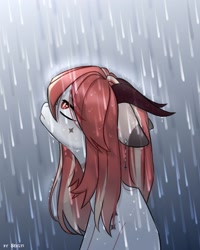 Size: 2000x2500 | Tagged: safe, artist:shelti, derpibooru import, oc, oc only, pony, colored pupils, commission, ears back, female, frown, horn, looking up, outdoors, rain, sad, sitting, sky, solo, wet, wet mane