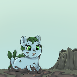 Size: 1280x1280 | Tagged: safe, artist:smirk, derpibooru import, oc, oc only, oc:bitey, beetle, insect, kelpie, worm, foal, mud, solo, tree stump