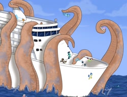 Size: 1452x1108 | Tagged: safe, artist:ydalirwendigo, derpibooru import, oc, oc only, pony, cruise ship, kraken, monster, ocean, panic, peril, ship, ship sinking, tentacles, water