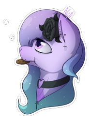 Size: 1428x1916 | Tagged: safe, artist:najti, derpibooru import, oc, oc only, oc:soda sadie, original species, plant pony, pony, black rose, bust, collar, cookie, cute, eat, eating, female, flower, food, jewelry, looking up, mare, piercing, plant, purple eyes, purple mane, rose, side view, simple background, sleepy, solo, transparent background