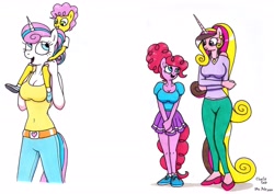 Size: 3487x2472 | Tagged: safe, artist:killerteddybear94, derpibooru import, li'l cheese, pinkie pie, princess cadance, princess flurry heart, anthro, the last problem, breasts, busty princess flurry heart, cleavage, clothes, looking at each other, miniskirt, older, older flurry heart, older pinkie pie, older princess cadance, pants, pinkie pies, princess cansdance, shoulder ride, skirt, smiling, tanktop