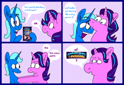 Size: 1316x900 | Tagged: safe, artist:msponies, derpibooru import, starlight glimmer, trixie, pony, unicorn, g4, 4 panel comic, comic, confused, dialogue, eyebrows, female, flirting, hoof hold, lesbian, lidded eyes, mare, movie, ms paint, open mouth, open smile, raised eyebrow, shipping, smiling, speech bubble, startrix, the adventures of sharkboy and lavagirl in 3-d