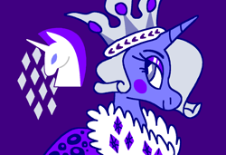 Size: 1316x900 | Tagged: safe, artist:msponies, derpibooru import, princess platinum, pony, unicorn, g4, blush sticker, blushing, cape, clothes, crown, februpony, female, gemstones, horn, jewelry, lidded eyes, mare, ms paint, purple background, regalia, simple background, smiling, solo