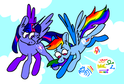 Size: 1316x900 | Tagged: safe, artist:msponies, derpibooru import, rainbow dash, twilight sparkle, twilight sparkle (alicorn), alicorn, pegasus, pony, g4, testing testing 1-2-3, cloud, cutie mark, duo, duo female, februpony, female, flying, horn, mare, ms paint, sky, smiling, speech bubble, tail, wings