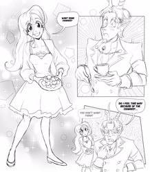 Size: 3048x3500 | Tagged: safe, artist:misskali7, derpibooru import, discord, fluttershy, human, 2023, armband, breasts, clothes, comic, cookie, cup, discoshy, dress, duo, elf ears, female, food, grayscale, heart, horn, horned humanization, humanized, male, monochrome, shipping, sketch, smiling, straight, suit, teacup