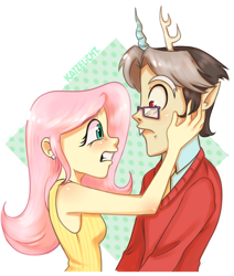 Size: 1280x1509 | Tagged: safe, artist:misskali, derpibooru import, discord, fluttershy, human, discordant harmony, clothes, discoshy, duo, elf ears, female, glasses, hand on face, horn, horned humanization, humanized, male, scene interpretation, shipping, straight, sweater