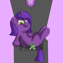 Size: 894x894 | Tagged: artist needed, safe, derpibooru import, oc, oc only, oc:princess sharp, alicorn, pony, unicorn, alicorn oc, butt crush, butt squish, crying, duo, evil, female, folded wings, gem, golden eyes, green coat, horn, looking down, mare, purple background, purple coat, simple background, sitting, sitting on person, sitting on pony, smug smile, throne, unicorn oc, wings