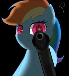 Size: 1080x1180 | Tagged: safe, artist:reinbou, derpibooru import, rainbow dash, pegasus, pony, black background, gun, handgun, looking at you, pistol, simple background, solo, stars, weapon