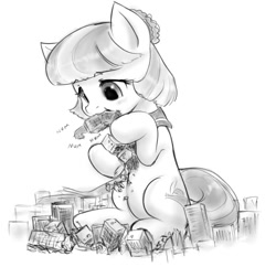 Size: 846x819 | Tagged: safe, artist:alloyrabbit, derpibooru import, coco pommel, earth pony, pony, building, city, clothes, crush fetish, destruction, eating, female, fetish, giant pony, looking down, macro, macro/micro, mare, micro, nom, object vore, simple background, sitting, solo, vore, white background