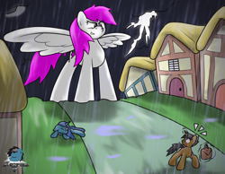 Size: 800x620 | Tagged: safe, artist:gamefreakdx, derpibooru import, oc, oc only, oc:pink thunder, pony, unicorn, assault, black mane, black tail, emanata, giant pegasus, giant pony, glowing, glowing horn, horn, house, injured, levitation, lightning, looking at someone, looking down, macro, macro/micro, magic, micro, poacher, ponyville, purse, red eyes, robbery, scared, shrunken pupils, spread wings, tail, telekinesis, terrified, thief, thunderstorm, town, trio, unicorn oc, wings