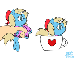 Size: 948x744 | Tagged: safe, artist:ideletedsystem64, derpibooru import, alicorn, pony, blonde, blonde mane, blue mane, bow, clothes, commission, cup, female, hair bow, heart, hoodie, mare, solo, teacup, ych result