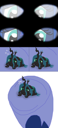 Size: 602x1325 | Tagged: safe, artist:final7darkness, derpibooru import, princess luna, queen chrysalis, changeling, changeling queen, pony, comic:the shrunken changeling ruler, blurry, confused, dizzy, giant pony, hoof shoes, in goliath's palm, looking at you, macro, macro/micro, micro, offscreen character, pov, scared, shrunken pupils, size difference, sweat, sweatdrop, terrified, underhoof, vision