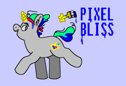 Size: 1316x900 | Tagged: safe, artist:msponies, derpibooru import, oc, oc only, oc:pixel bliss, pony, unicorn, artist, februpony, glowing, glowing horn, gray background, headband, horn, levitation, looking back, magic, magic aura, male, ms paint, open mouth, open smile, paint, paintbrush, ponysona, raised hoof, raised leg, simple background, smiling, solo, stallion, tail, telekinesis