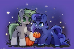 Size: 3000x2000 | Tagged: safe, artist:shelti, derpibooru import, oc, oc only, earth pony, pony, unicorn, candy, coat markings, colored hooves, colored pupils, countershading, duo, duo male and female, female, food, grass, hallowee, happy, male, mare, mouth hold, outdoors, pumpkin, smiling, socks (coat marking), stallion, standing, stars