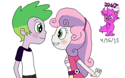 Size: 1024x639 | Tagged: safe, artist:stella-exquisa, derpibooru import, spike, sweetie belle, human, equestria girls, duo, female, humanized, male, shipping, simple background, spikebelle, straight, white background