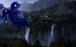 Size: 1135x704 | Tagged: safe, artist:dragontwi, derpibooru import, princess luna, bird, awesome, blue eyes, building, city, complex background, detailed, detailed background, ethereal mane, flying, forest, hoof shoes, lights, looking at something, mountain, mountain range, scenery, scenery porn, spread wings, starry mane, town, water, waterfall, wavy mane, wings