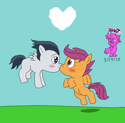 Size: 1024x1002 | Tagged: safe, artist:stella-exquisa, derpibooru import, rumble, scootaloo, pegasus, pony, blushing, cloud, female, grass, grass field, heart, heart shaped, male, rumbloo, scootaloo can fly, shipping, simple background, sky, straight