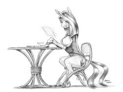 Size: 1024x770 | Tagged: safe, artist:baron engel, derpibooru import, unicorn, chair, glowing, glowing horn, hair over one eye, horn, levitation, looking at you, magic, plate, realistic, realistic horse legs, signature, simple background, solo, story in the source, table, telekinesis, traditional art, white background