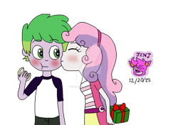 Size: 1024x722 | Tagged: safe, artist:stella-exquisa, derpibooru import, spike, sweetie belle, human, equestria girls, alternate design, christmas, duo, eating, female, holiday, human spike, humanized, kiss on the cheek, kissing, male, present, shipping, simple background, spikebelle, straight, transparent background