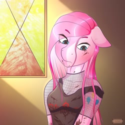 Size: 3000x3000 | Tagged: safe, artist:srfeh2321, derpibooru import, pinkie pie, anthro, earth pony, blood, crepuscular rays, ears, eyebrows, eyebrows visible through hair, female, fishnet clothing, floppy ears, frown, pinkamena diane pie, solo, stained glass, window
