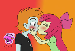 Size: 1024x709 | Tagged: safe, artist:stella-exquisa, derpibooru import, apple bloom, snips, human, equestria girls, blushing, duo, duo male and female, female, gradient background, kiss on the lips, male, shipping, snipsbloom, straight