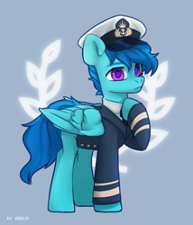 Size: 1713x2000 | Tagged: safe, artist:shelti, derpibooru import, oc, oc only, pegasus, pony, blue background, clothes, colored pupils, commission, folded wings, frown, hat, hoof on chest, long sleeves, male, necktie, sailor hat, sailor suit, simple background, solo, stallion, standing, wings