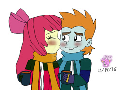 Size: 1024x763 | Tagged: safe, artist:stella-exquisa, derpibooru import, apple bloom, snips, human, equestria girls, blushing, chocolate, clothes, deviantart watermark, duo, eyes closed, female, food, hot chocolate, humanized, kiss on the cheek, kissing, male, obtrusive watermark, scarf, shipping, simple background, snipsbloom, straight, watermark, white background