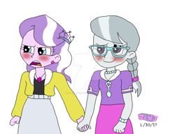 Size: 1024x787 | Tagged: safe, artist:stella-exquisa, derpibooru import, diamond tiara, silver spoon, human, equestria girls, blushing, deviantart watermark, diamond tsundiara, duo, female, holding hands, humanized, lesbian, obtrusive watermark, shipping, silvertiara, simple background, tsundere, watermark, white background