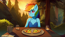 Size: 2560x1472 | Tagged: safe, derpibooru import, machine learning assisted, rainbow dash, anthro, date, food, forest, outdoors, pizza, plate, solo, sunset, table, tree, wallpaper