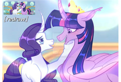 Size: 1280x865 | Tagged: safe, artist:fourteennails, derpibooru import, rarity, twilight sparkle, twilight sparkle (alicorn), alicorn, pony, unicorn, my little pony: the movie, crown, deviantart watermark, female, height difference, hoof on chin, jewelry, looking at each other, looking at someone, mare, obtrusive watermark, open mouth, open smile, redraw, regalia, scene interpretation, screencap reference, smiling, watermark