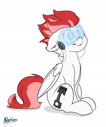 Size: 1707x2048 | Tagged: safe, artist:fluffyxai, derpibooru import, oc, oc:swift apex, pegasus, pony, brainwashed, brainwashing, hypnogear, hypnogoggles, hypnosis, hypnotized, simple background, sitting, solo, visor, white background