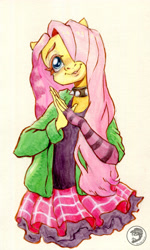 Size: 2996x4977 | Tagged: safe, artist:invalid-david, derpibooru import, fluttershy, anthro, clothes, collar, draw this in your style, dtiys emoflat, evening gloves, fingerless elbow gloves, fingerless gloves, gloves, hair over one eye, hands together, long gloves, painting, solo, spiked collar, striped gloves, traditional art, watercolor painting