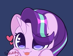 Size: 2048x1569 | Tagged: safe, artist:sakukitty, derpibooru import, starlight glimmer, pony, unicorn, :p, blue background, blush sticker, blushing, cute, eye clipping through hair, female, glimmerbetes, heart, heart eyes, looking at you, mare, mlem, signature, silly, simple background, solo, tongue, tongue out, wingding eyes