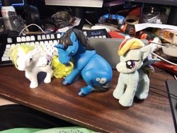 Size: 4672x3504 | Tagged: safe, artist:prince_polaris, derpibooru import, rainbow dash, surprise, oc, oc:(prince)polaris, unicorn, black mane, blue fur, ceramic, ceramic pony, painted, photo, plushie