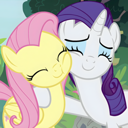 Size: 1400x1399 | Tagged: safe, derpibooru import, screencap, fluttershy, rarity, pegasus, pony, unicorn, fake it 'til you make it, season 8, spoiler:s08, ^^, cheek nuzzle, cheek squish, cheek to cheek, cropped, cute, daaaaaaaaaaaw, duo, duo female, eyes closed, female, happy, high res, hnnng, hug, mare, nuzzling, raribetes, shyabetes, side hug, smiling, squishy cheeks, tree